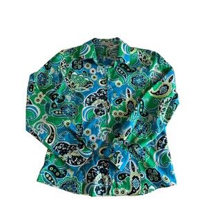 Foxcroft Wrinkle Free Fitted Zip Front Long Sleeve Jacket Green Paisley Womens 8